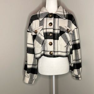 SHEIN Plaid Button Cropped Shacket. Purchased on SHEIN.
